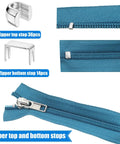 Zipper Repair Kit 62 Piece Metal Zipper Parts showing top and bottom stops with blue zipper cloth and metal fixes for repairs.