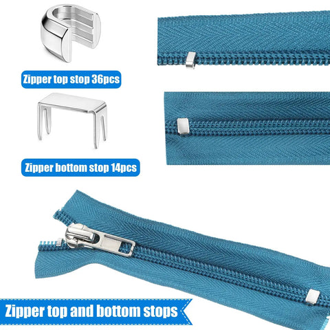 Zipper Repair Kit 62 Piece Metal Zipper Parts showing top and bottom stops with blue zipper cloth and metal fixes for repairs.