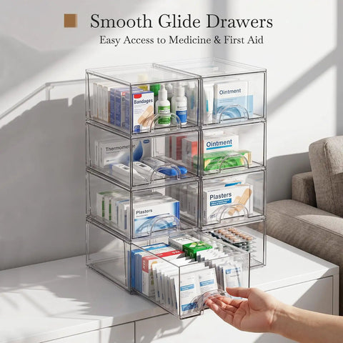Eight Pack Clear Stackable Storage Drawers Hella Durable Water Resistant Desktop Organizer For Cosmetics And Craft Gear Helping You Keep Your Space Totally Snazzy, organized with medicine and first aid supplies.