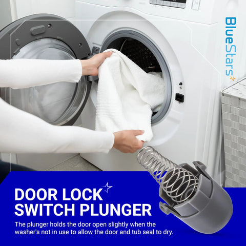 Washer Magnetic Door Plunger Replacement Part For LG And Kenmore Elite Washers shown with open washing machine door.