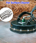 Pro Grade Surface Clean Tips Set Two Pack 25 Degree Pressure Washer Nozzles One Quarter Inch NPT Male Stainless Steel With Sealing Tape Replacement For Water Guns And Surface Cleaners One Point One Five Six Millimeter Orifice, attached to a surface cleaner in action on a patio.