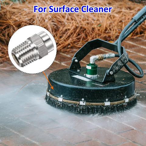 Pro Grade Surface Clean Tips Set Two Pack 25 Degree Pressure Washer Nozzles One Quarter Inch NPT Male Stainless Steel With Sealing Tape Replacement For Water Guns And Surface Cleaners One Point One Five Six Millimeter Orifice, attached to a surface cleaner in action on a patio.