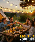 58 Ft Outdoor Solar String Lights With 25 G40 Plastic LED Bulbs illuminating a backyard party with friends dining and celebrating.