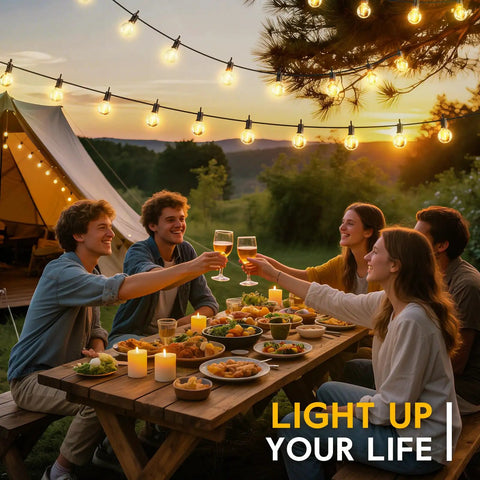 58 Ft Outdoor Solar String Lights With 25 G40 Plastic LED Bulbs illuminating a backyard party with friends dining and celebrating.