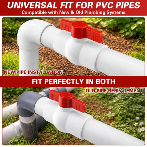 Rock Solid 2 Inch Sch40 Pvc Ball Valves Two Pack showing universal fit for PVC pipes, ideal for new and old plumbing installations.