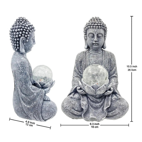Dope Zen Solar Buddha Statue With Cracked Glass Ball Light showing dimensions for indoor outdoor garden decor