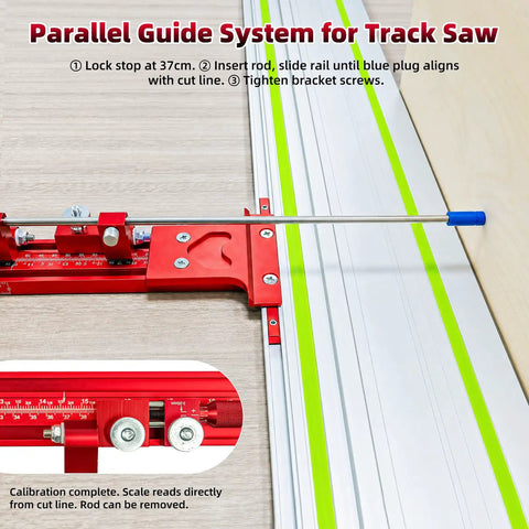 Go Ahead And Nail Those Perfect Board Cuts With This Premium Complete Track Saw Parallel Guide System Extending 0 To 68 Inches Featuring Micro Adjustable Flip Stops, featuring calibration and scale.