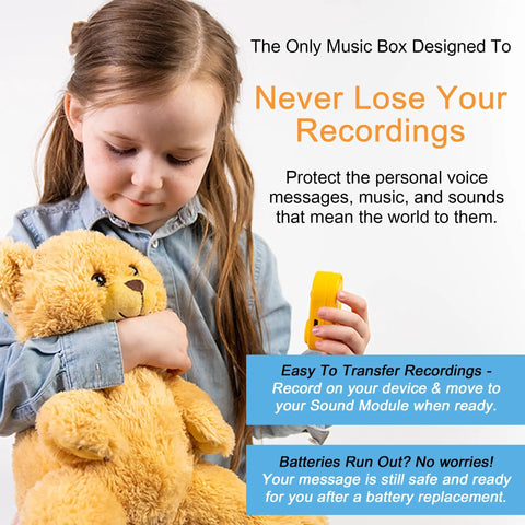 Girl holding a teddy bear with a Plug And Play MP3 Sound Module For Stuffed Animals With Extended Two Hour Recording Time.