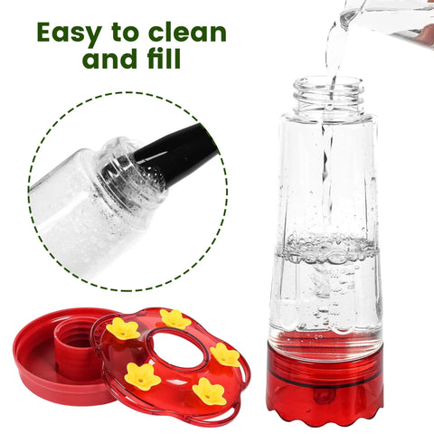 Red Hummingbird Feeder 15 Ounce With Five Feeding Ports Built In Ant Moat Bee Proof Outdoor Hanging Bird Feeder For Your Yard Yard Friendly Durable Plastic 2 Pack Today showing disassembled parts.