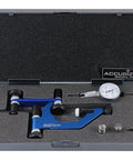 Accusize dial test indicator set in blue anodized aluminum with universal indicator holder in fitted foam case