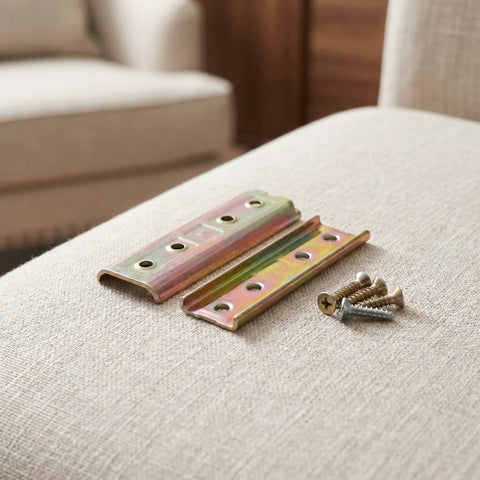 Sectional Sofa Connectors For Stable Interlocking In Small Apartments, 2 Pack Iron Couch Frame Hardware, burrfree surfaces shown on fabric.