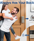 Man carrying daughter near door with Touchscreen Smart Lock With No Key Needed Entry, Digital Deadbolt, installed, showing auto-lock feature.