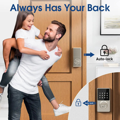 Man carrying daughter near door with Touchscreen Smart Lock With No Key Needed Entry, Digital Deadbolt, installed, showing auto-lock feature.