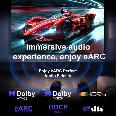 Pro Grade White Fiber Optic HDMI Cable 30 Feet Long Delivers 8k At 60Hz And 4k At 120Hz Visuals, showcasing immersive audio experience with car racing on screen.