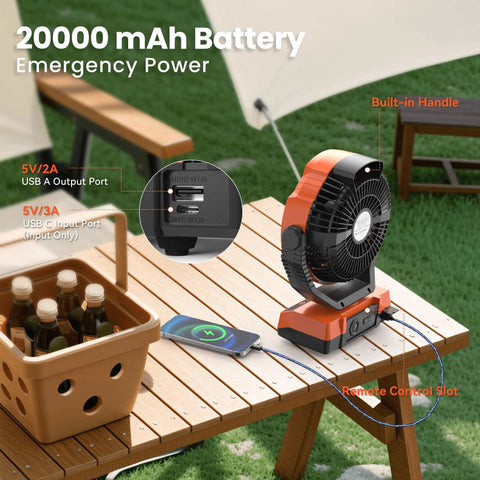 20000mAh Battery Powered Camping Fan With Four Speeds, 110 Hours Of Cool On Low, USB Rechargeable Desk Fan on table