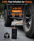 Beefy Heavy Duty Tire Inflator Portable Air Compressor inflating truck tire, showing 3.5 inch LED display and 20 inch hose