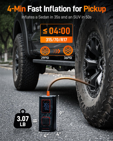 Beefy Heavy Duty Tire Inflator Portable Air Compressor inflating truck tire, showing 3.5 inch LED display and 20 inch hose