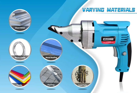 Electric Metal Shear For Sheet Metal, 14 Gauge, 5.0 Amp Motor, Swivel Head with applications for multiple materials