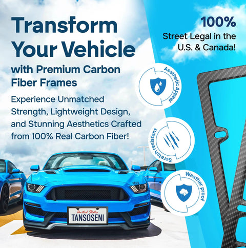 Upgrade Your Sweet Ride With This Badass Real Carbon Fiber License Plate Frame on a blue car, highlighting lightweight design and style.