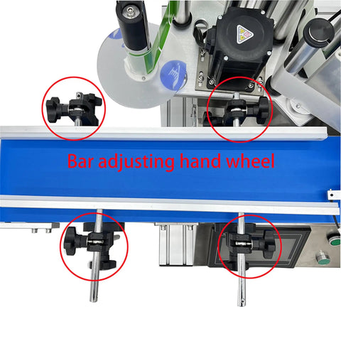 Slick Automatic Desktop Conveyor Round Bottle Labeler Featuring Precision Photoelectric Sensor And Quick Dial Adjustments with hand wheels.