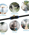 Outdoor Misting System For Patio Keeps It Cool With 40 Ft Misting Line Ten Nozzles And Three Quarter Inch Brass Adapter Perfect For Deck Garden Trampoline Or Greenhouse with examples of use in different settings, including garden, sun umbrella, and greenhouse.