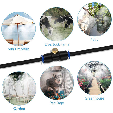 Outdoor Misting System For Patio Keeps It Cool With 40 Ft Misting Line Ten Nozzles And Three Quarter Inch Brass Adapter Perfect For Deck Garden Trampoline Or Greenhouse with examples of use in different settings, including garden, sun umbrella, and greenhouse.