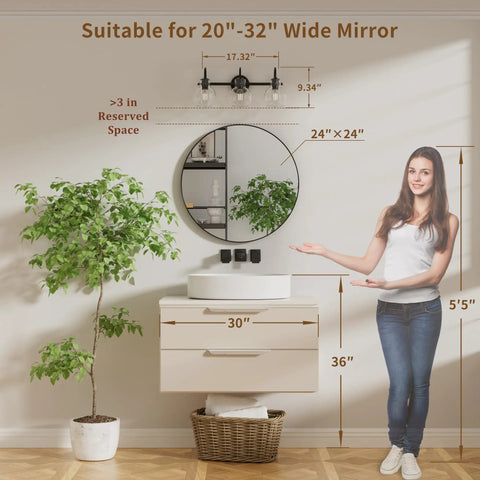 Black Vanity Light 3 Light Modern Bathroom Fixtures Over Mirror With Globe Glass Shade Matte Black Finish E26 Base 17 Inch UL Listed Durable And Super Slick For A Fresh Spa Like Bath installed over a round mirror with dimensions.