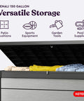 Massive 150 Gallon Resin Deck Box With Double Wall 20mm Panels Paintable And Drillable in Grey and Black, storing gear