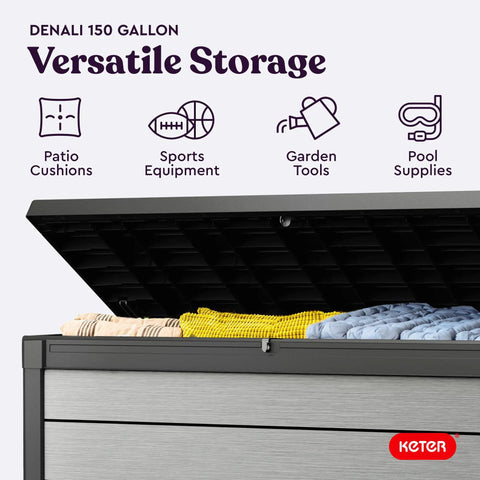 Massive 150 Gallon Resin Deck Box With Double Wall 20mm Panels Paintable And Drillable in Grey and Black, storing gear