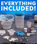 Five Types Crystal Growing Kit With Glow In The Dark Crystal Dinosaur Figure Underwater Crystals And Crystal Trees Plus Learning Guide A STEM Science Kit For Kids Totally Fun And Educational contents displayed including tools and materials.
