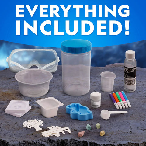 Five Types Crystal Growing Kit With Glow In The Dark Crystal Dinosaur Figure Underwater Crystals And Crystal Trees Plus Learning Guide A STEM Science Kit For Kids Totally Fun And Educational contents displayed including tools and materials.
