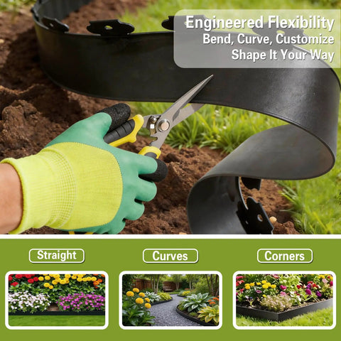 No Dig Landscape Edging Kit showing flexibility and a hand with gloves using scissors on HDPE material