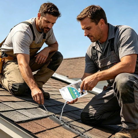 Two men applying Go To Self Leveling Concrete Filler And Waterproof Sealant That Dries Fast For Floors Walls Decks Outdoor Masonry