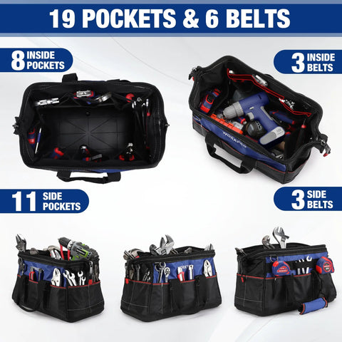 16 Inch Wide Mouth Tool Bag With Waterproof Molded Base, Heavy Duty 840D Polyester, Pro Grade Tool Organizer For Home, Garage And Job Site, Durable, Water Resistant Carryall With Double Stitching with 19 pockets shown open and filled