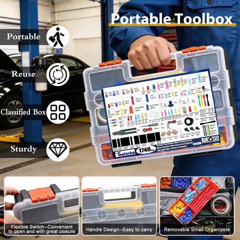 Rugged No Sweat 1740 Piece Heat Shrink Wire Connector Kit With Smooth Crimping Tool For AWG 22 To 10 Electrical Wiring in portable toolbox.
