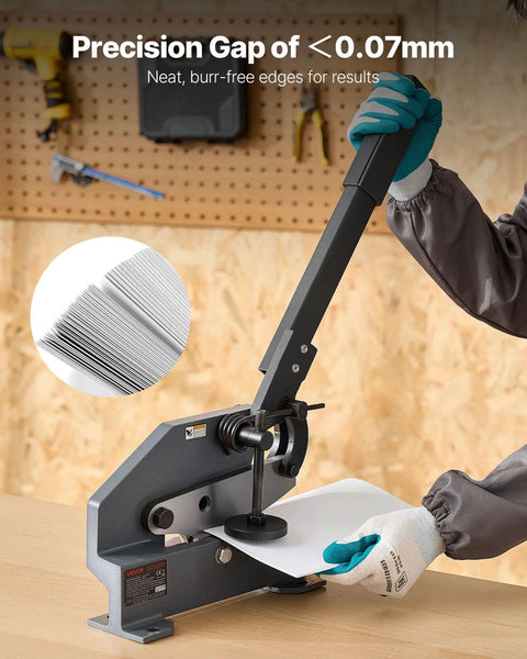 Heavy Duty 6 Inch Sheet Metal Shear With Extended Handle in use cutting steel sheet, precision gap, solid steel frame, workshop table.