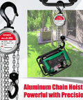 0.5 Ton Aluminum Hand Chain Hoist With 1100 Lbs Capacity, 10 Ft Lift Height, showcasing dual heavy duty hooks