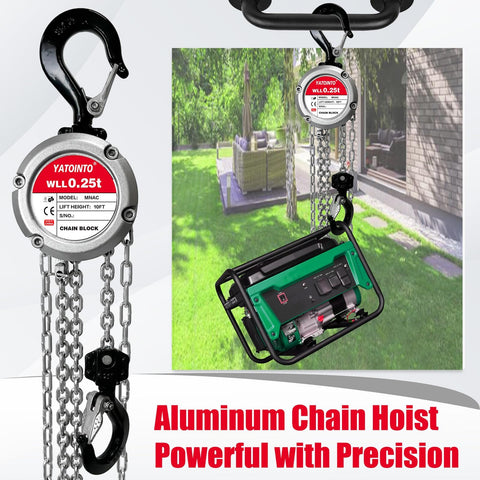 0.5 Ton Aluminum Hand Chain Hoist With 1100 Lbs Capacity, 10 Ft Lift Height, showcasing dual heavy duty hooks