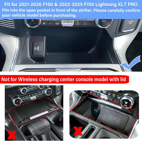 Center Console Compartment Cover With Hidden Pocket Lid For The Open Pocket In Front Of The Shifter, Ford F-150 Compatible