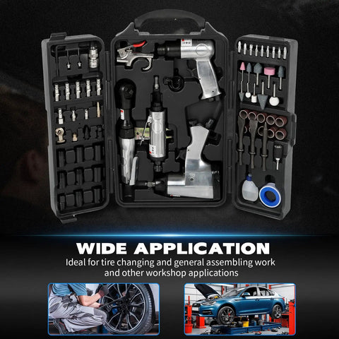 Knuckle Buster 71 Piece Pneumatic Air Tool Kit Featuring 1/2 Inch Impact Wrench 150Mm Air Hammer And Quick Action Die Grinder With Full Socket Set For Guys in organized case.
