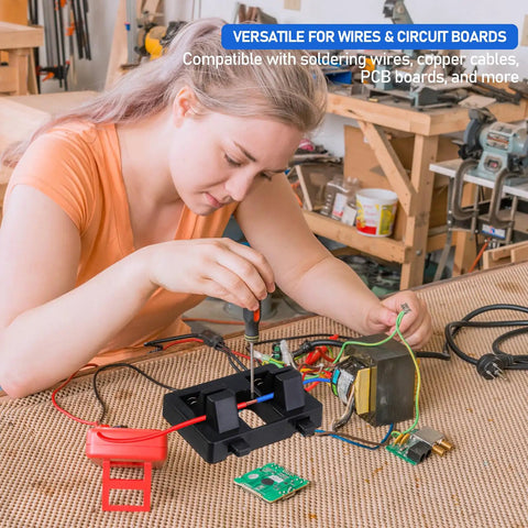 Person using Electric Wire Welding Fixture With Stabilizing Holder And Adjustable Helping Hands Tool on workbench.