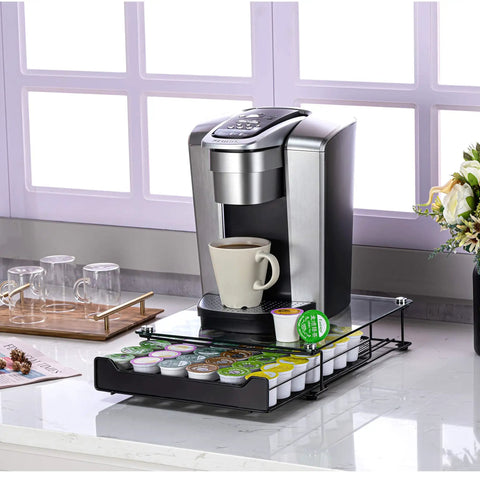 Space Saving K Cup Drawer Organizer With Glass Top Holds 42 Coffee Pods, Keeps Capsules Neatly Stored. Shown under coffee maker.
