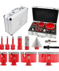 Front view: Diamond core drill set in metal case; red diamond-coated hole saws in multiple sizes with milling bits.