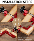 Installation steps for 90 Degree Positioning Square Right Angle Clamps, showing aluminum clamp securing wood pieces at right angles.