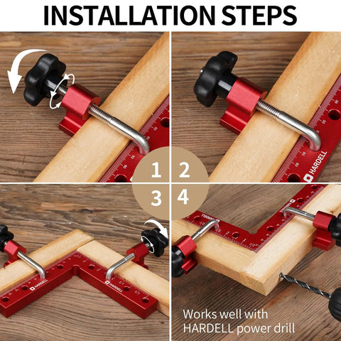 Installation steps for 90 Degree Positioning Square Right Angle Clamps, showing aluminum clamp securing wood pieces at right angles.