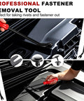 No Fuss 18 Piece Auto Trim Removal Kit With Non Scratch Plastic Pry Tools And Heavy Duty Clip Pliers Plus Eight Sturdy Tire Valve Caps For Smooth Door Panel Gigs And Quick Dash Tweaks On Any Rig with a red fastener removal tool being used on a car interior.