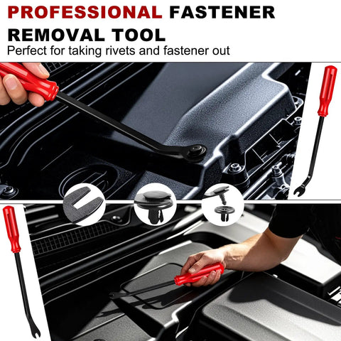 No Fuss 18 Piece Auto Trim Removal Kit With Non Scratch Plastic Pry Tools And Heavy Duty Clip Pliers Plus Eight Sturdy Tire Valve Caps For Smooth Door Panel Gigs And Quick Dash Tweaks On Any Rig with a red fastener removal tool being used on a car interior.