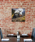 Steam Locomotive Train Square Wall Decor Iron Art For Living Room Patio Bedroom And Garden Vintage Farmhouse Tinplate Hanging Sign Rustic Retro Home Wall Decoration With Rust Resistant Finish on brick wall above dining table.