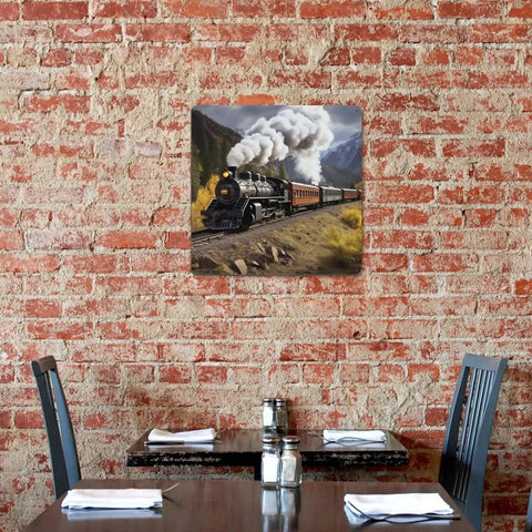 Steam Locomotive Train Square Wall Decor Iron Art For Living Room Patio Bedroom And Garden Vintage Farmhouse Tinplate Hanging Sign Rustic Retro Home Wall Decoration With Rust Resistant Finish on brick wall above dining table.