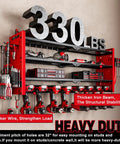 Power Tool Organizer Wall Mount For Workshop And Garage, 4 Layer Cordless Drill Organizer Rack With 3 Fixed And 1 Adjustable Layer, Large Capacity Tool Storage Holds Up To 8 Drills Red, mounted on wall with tools.